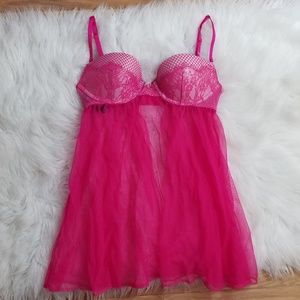 💖Victoria's Secret Hot Pink Mesh Netted Babydoll
